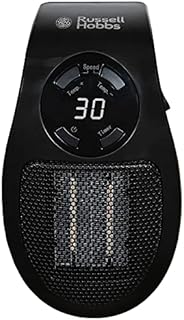 Russell Hobbs 500W Ceramic Plug Heater, Electric Heater Adjustable thermostat, 12 Hour Timer & LED Display, 2 Fan Speeds, 2 Year Guarantee, Black, RHPH2001B