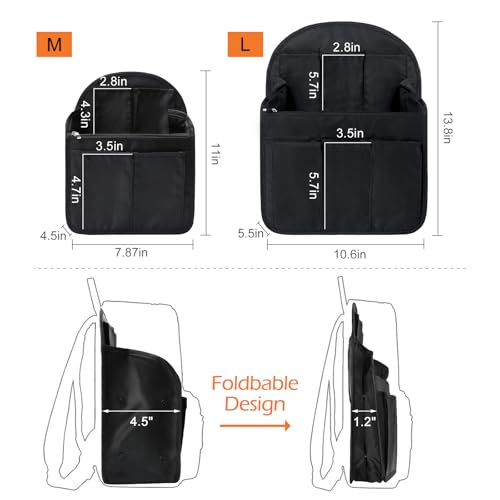 Surblue Backpack Organizer Insert Liner Hanging Travel Rucksack Purse and Handbag Insert Pocket, High-capacity Divider Foldable Nylon Shoulder Bag Organizer for Men and Women, (Black, M) - Thumbnail 4