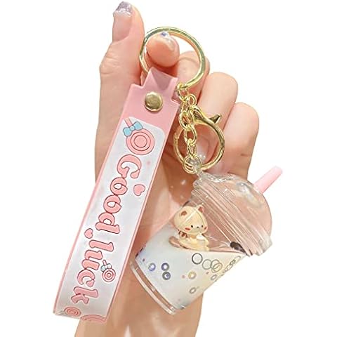 Rertnocnf ICI-Rencontrer Cute Floating Cartoon Bear Pearl Milk Tea Cup Design Backpack Car Key Pendant Handbag Wallet Transparent Acrylic Glitter Liquid Keychain Gifts Kids Girls Women(White) Cover