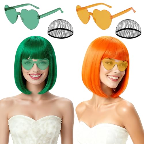 Image of 2 Pack Colored Bob Wigs and Heart Sunglasses Set, Green Orange Short Straight Bob Wig with Bangs Neon Party Colorful Synthetic Hair for Women Men Halloween Costume Bachelorette Party Favors