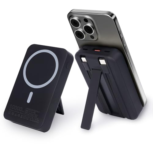 Power bank Magnetico 10000mAh Caricabatterie Portatile Wireless PD 22.5W con Cavo USB-C, Power Bank Wireless, Compatibile con iPhone 16/15/14/13/12/Pro/Max Huawei Xiaomi (Nero) (Nero)