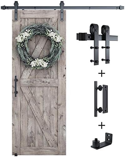SMARTSTANDARD 6FT Sliding Barn Door {Hardware} Complete Package (Embody 6ft Observe Package & Pull Deal with Set & Flooring Information), Easily and Quietly, Simple to Set up, Match 36″ Vast Door Panel (J Form)