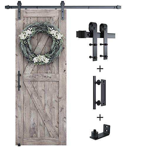 SMARTSTANDARD 6FT Sliding Barn Door Hardware Whole Kit (Include 6ft Track Kit & Pull Handle Set & Floor Guide), Smoothly and Quietly, Easy to Install, Fit 36" Wide Door Panel (J Shape) by SMARTSTANDARD - Used condition - US$52.49