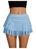 Verdusa Women's Y2k Lace Ruffle Mini Skirt Mesh High Waist Layered Skirt Skort Boho Outfits Micro Shorts Light Blue Medium