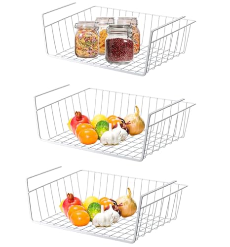Image of Styleys Under Cabinet Storage Basket - Set of 3 Metal Wire Organizers with Dual Fit Hooks (15.5 inch) S11027, White