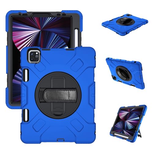 Coque iPad Pro 11 2022 et 2021 antichoc bleue avec support rotatif et bandoulière
