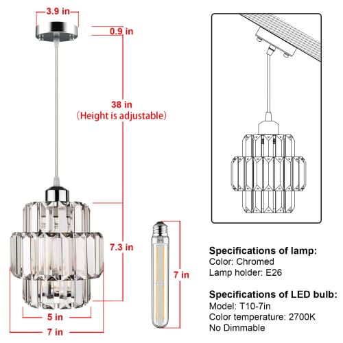 Tebio Mini Crystal Pendant Lights Chrome Finish (Led Bulb Included), Hanging Lighting Fixture With Adjustable Cord, Chrome Pendant Lighting For Kitchen Island Living Room, Bedroom, Farmhouse #TOP2