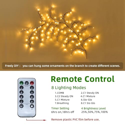 Image of 8 Modes Enchanted Willow Vine String Lights 96 Warm White LEDs 6FT with Remote and USB Power Light for Indoor /Outdoor, Diwali, Christmas, Party, Home,Festival Decoration (Vine Light)