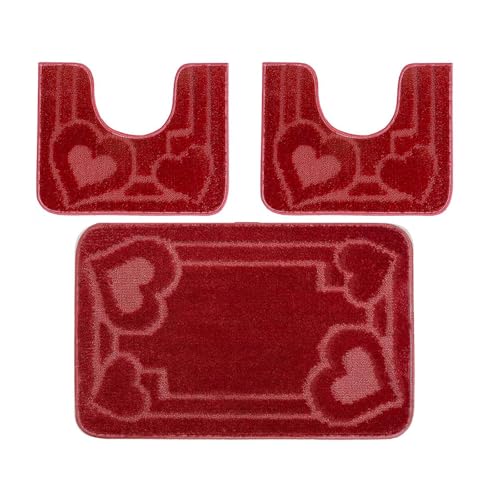 PARAMAISON Tappeti Bagno 3 Pezzi, Coordinati Design Cuori Morbido Antiscivolo Pelo Corto | Rosso