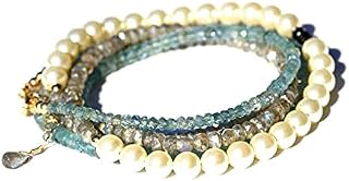 Aphrodite Swarovski Pearl Natural Labradorite Aquamarine Wrap Bracelet Long Necklace Solid 14K Gold 585, March June Birthstones
