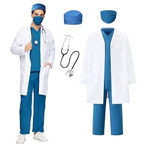 EinZeugnik Karneval Arzt Kostüm für Erwachsene, Blau Chirurg Kostüm Set, Herren Doktor Outfit, Chirurg Arztkittel, Stethoskop & Doktor Zubehör für Partys, Karneval, Fasching & Halloween
