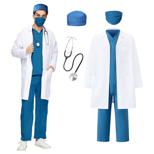 EinZeugnik Karneval Arzt Kostüm für Erwachsene Blau Chirurg Kostüm Set Herren Doktor Outfit Chirurg Arztkittel Stethoskop & Doktor Zubehör für Partys Karneval Fasching & Halloween