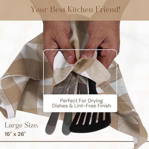 Image of Buffalo Check 4 Pack Kitchen Towels, 16x26 Inches, Classic Farmhouse Plaid Dish Towel, 100% Cotton, Absorbent, Washable for Drying Dishes, Cleaning, Everyday Kitchen Use, Beige White