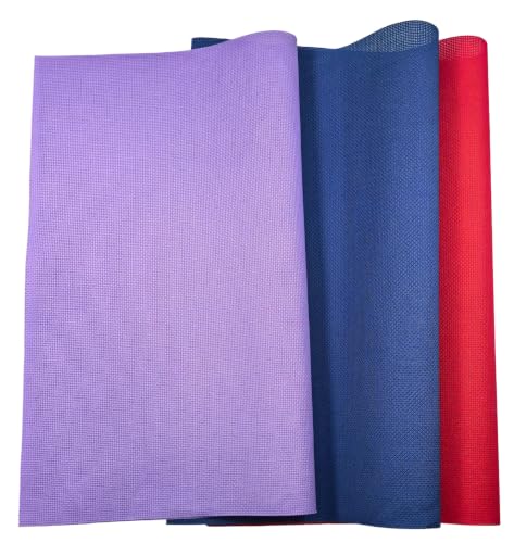 Image of KCS 3 pc of 15 inch x 18 inch(38cmx45cm) 16 Count Cross Stitch Cotton Aida Cloth Needlework Rolled Fabric Box,16CT,Lavender+Royal Blue+Red