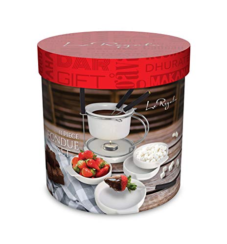 Le Regalo 11 Piece Ceramic Fondue Set - 1 Fondue Pot, 1 Base Plate, 1 Stainless Steel Stand, 4 Color Coded Forks and 4 Serving Plates - Thumbnail 4