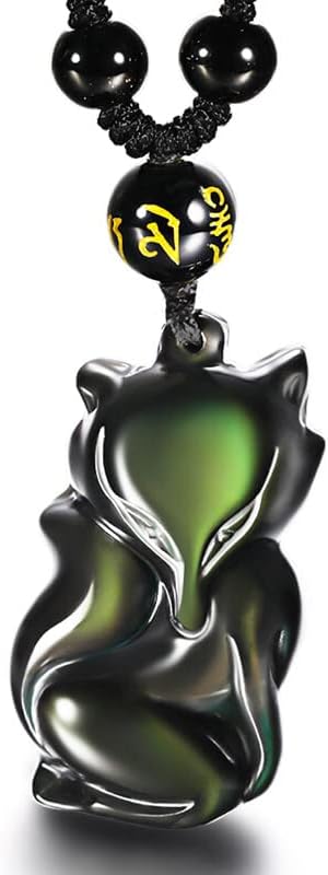 天然石レインボー オブシディアンきつねネックレス 数珠黒曜石メンズレディースお守りペンダント 厄除け パワーストーンペンダント 魔除け