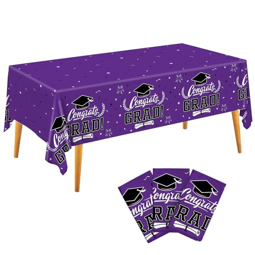 Image of Staraise 2025 Graduation Party Table Decorations 3PCS Purple Graduation Tablecloths,Waterproof Plastic Rectangular Disposable Table Cover for Congrats Grad Cloths Party Supplies,51.2x86.6inch