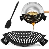 Clip on Strainer with Scraper,Silicone Strainer for Pots and Pans Adjustable Pasta Colander for Meat Vegetables Fruit Universal Fit For All Utensils(COLOR:black)