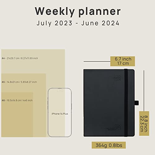 Poprun Planner 2023-2024 (6.5'' X 8.5'') Academic Year Calendar (July 2023 - June 2024) With Hourly Time Slots, Monthly Weekly & Daily Organizer For Time Management, Soft Leather Cover - Pacific Green #TOP4