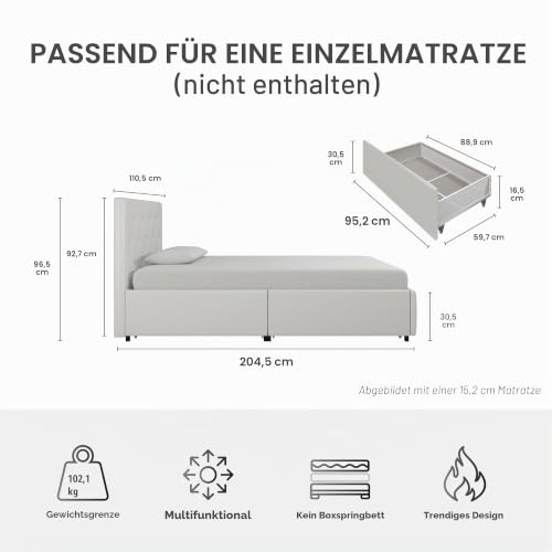 DHP Dakota Bett mit Aufbewahrungsschubladen, weißes PU, Einzelbett, 205 x 111 x 97cm (L x W x H) – Ansicht 5