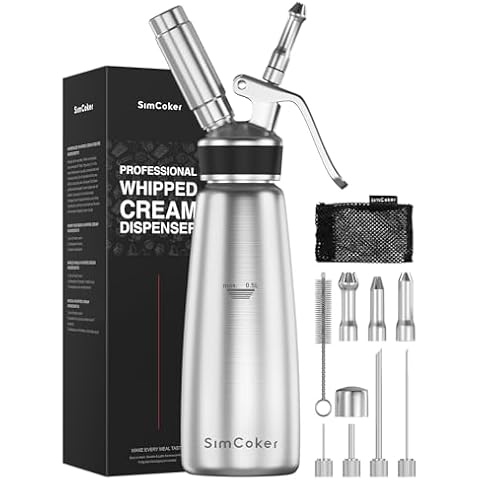 SimCoker Whipped Cream Dispenser,500ml 304 Stainless Steel Cream Whipper with 4 Injector Tips 3 Decorating Nozzles Brush Storage Bag,Whipped Cream Maker Set Cover