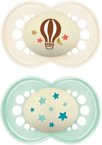 MAM Original Night Succhietto 16+ Mesi (Set da 2), Ciuccio MAM 16 36 mesi che si illumina al buio con tettarella in caucciù, Kit da 2 accessori neonato con porta ciuccio sterilizzatore, Neutro/Verde
