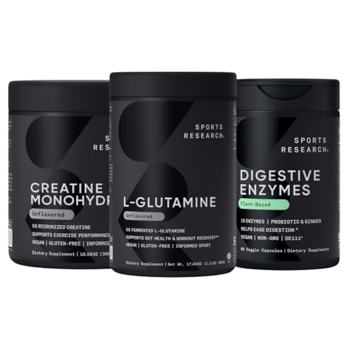 Sports Research® Bundle: L-Glutamine + Creatine + Digestive Enzymes