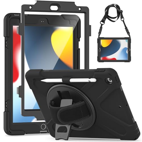 Gerutek Funda Anticaída para iPad 9.ª/8.ª/7.ª Generación (2021/2020/2019) con Protector Pantalla, Carcasa Rugosa con Soporte Giratorio, Correa de Mano / Hombro, Funda Antichoque para iPad 10.2