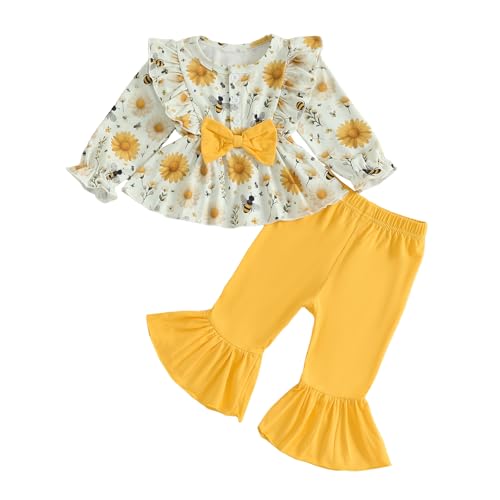 JCOPLY Kids Girls Outfit Toddler Girl Autumn Clothes Long Sleeve Bow Decor Ruffles Floral Shirt Bell Bottoms Two Piece Set Baby Girl Tops Trousers (Yellow, 12-18 Months)