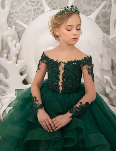 Long Sleeve Flower Girl Dresses Girls Lace Applique Princess Ruffles Pageant Dress Party Ball Gown4