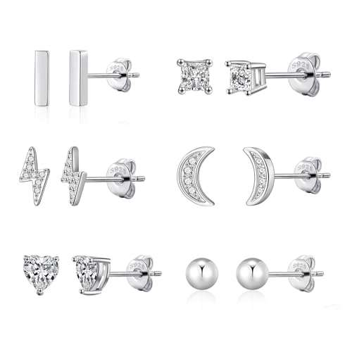 925 Sterling Silver Earrings Sets for Women Cubic Zirconia Studs Earrings for Sensitive Ears Hypoallergenic Tiny Stud for Women Multipack Moon Heart Lightning Ball Bar Studs
