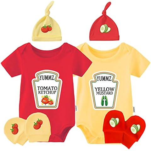 QIANWANYI Baby Twins Bodysuits Yummz Tomato Ketchup Mustard Red Yellow Twins Clothes With Hat, Yummz, 9-12 Months Cover