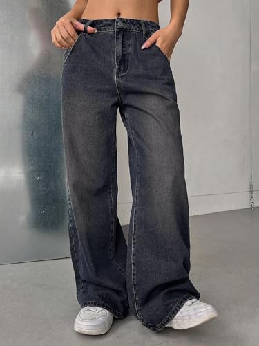 Image of GRECIILOOKS High Waist Jeans for Women - Wide Leg Straight Fit Denim | Baggy Cargo Style Casual Pants for Girls & Daily College Wear