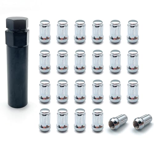 Image of 24PCS 1 /2-20 Spline Lug Nuts with 1 Key - 17mm Hex, 1.35 inch Tall, 0.8 inch Wide - Chrome Solid Lug Nuts Compatible with 1987-2018 Jeep Wrangler, 2002-2012 Jeep Liberty Aftermarket