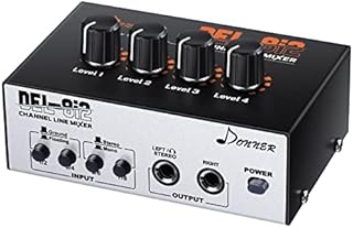 Line Mixer 4 Channel, Donner Low-Noise Mini Audio Mixer DC 12V with AC adapter & Stereo/Mono Adjustment, As Microphones, Guitars, Keyboards or Stage Sub Mixer, Ideal for Small Clubs or Bars