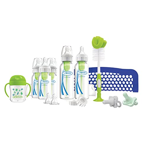 Image of Dr. Brown’s Anti-Colic Options+ Narrow Baby Bottle First Year Feeding Gift Set with Baby Bottle Brush, Dishwasher Bag & 100% Silicone HappyPaci Pacifier