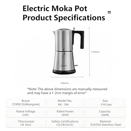 CDKM Fully automatic mocha coffee pot,moka pot stainless steel,One-touch Electric Coffee Maker,3-6 Cups 350ml espresso machine, Anti-scalding, Automatic power-off,Gift Idea,Safety