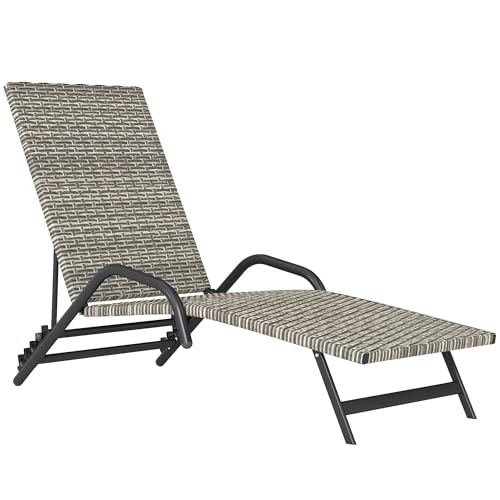 Outsunny Bain de Soleil en résine tressée, Chaise Longue transat Jardin extérieur inclinable et réglable sur 4 Niveaux, en Forme de S, pour Camping Piscine...