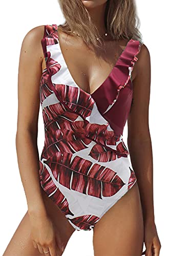 JFAN Femme Maillot De Bain 1 Pièce Col V Sexy Elégant Tankini Amincissante Slim Grande Taille Impression De Feuilles Siamois Bikini Rouge XXL