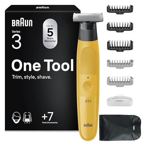 Braun Rasoir Electrique Homme, Tout-en-Un Series 3 XT3 XT3205, Jaune – Etanche, Batterie Rechargeable, Lame Unique 4D Flex, Coffret de Rasage avec 3 Sabos...