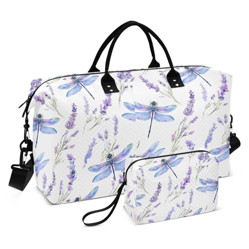 Dragonfly Lavender Blossom Large Travel Duffle Bag Weekender Overnight Bags Gym Yoga Bag for Women Men with Toiletry Bag
