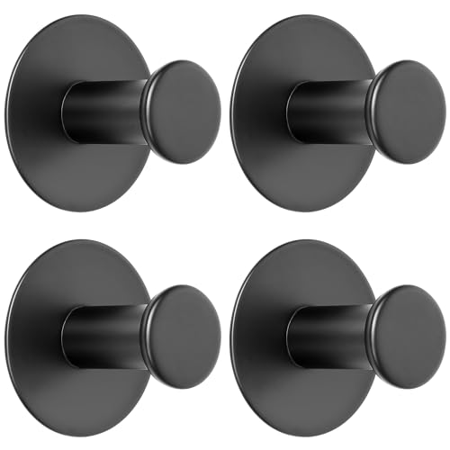 SAYAYO Self Adhesive Hooks 4PCS Black Sticky Coat Hook for Hanging Towels Wall Hooks Stick on Bathroom Kitchen Home Door, SUS304 Stainless Steel, No Nails, Round Design