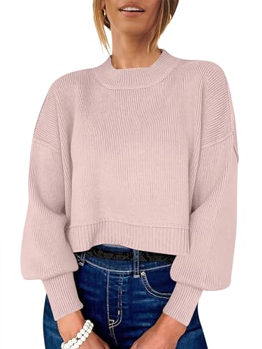 Image of ANRABESS Womens Cropped Sweaters Oversized Crewneck Long Batwing Sleeve Side Slit Ribbed Knit Pullover Tops 2025 Fall Clothes Small Pink
