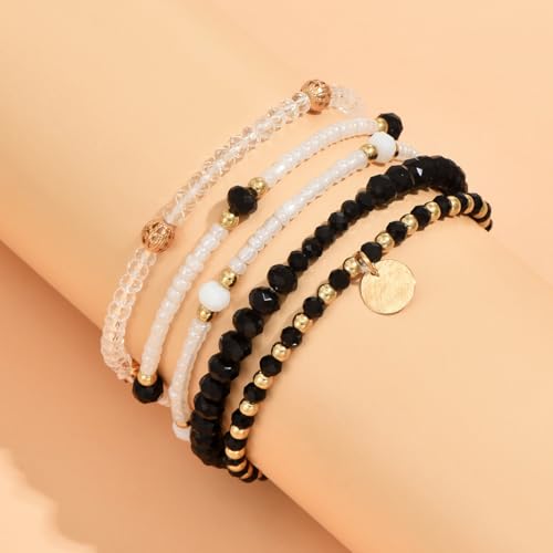 xuzhiyuan Boho Stackable Beaded Bracelet Set – 5Pcs Colorful Elastic Layered Bracelets with Gold Accents Coin, Trendy Summer Jewelry for Women2