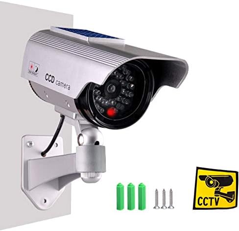 ISEEUSEE Dummy Fake Security Camera, Solar Powered Fake Surveillance Camera with Flash LED Dummy Bullet Simulated CCTV Camera,Indoor Outdoor Use Good for Home/Office/Shop/Garage - Silver Color
