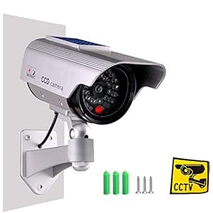 ISEEUSEE Dummy Fake Security Camera, Solar Powered Fake Surveillance Camera with Flash LED Dummy Bullet Simulated CCTV Camera,Indoor Outdoor Use Good for Home/Office/Shop/Garage – Silver Color
