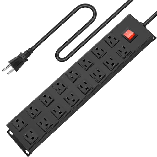 HHSOET Metal 16 Outlet Mountable Power Strip, Wall Mount Garage Workbench Socket, Gaming Table Surge Protector with 6 FT Power Cord.(Black)