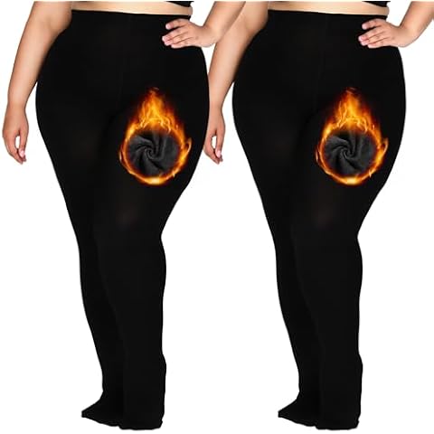 DancMolly 2 Pairs Plus Size Fleece Lined Tights, Warm Winter Thermal Control Top Pantyhose High Waist Cover