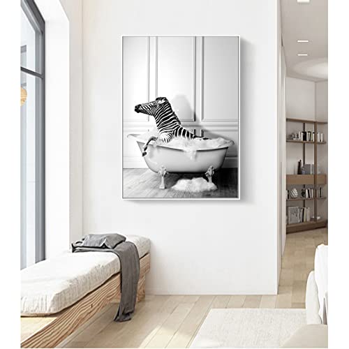 123 Life Funny Bathroom Decor Wall Art - Zebra In Bathtub Art Black And White Wall Art Animal Canvas Poster Picture Painting Prints Wall Decor Unfrmed 12X16Inches/30X40Cm #TOP1