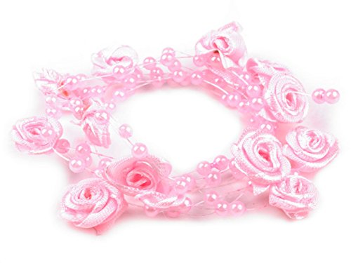 Schnoschi Cadena con perlas y cuentas con forma de rosa, elemento decorativo, 1m rosa